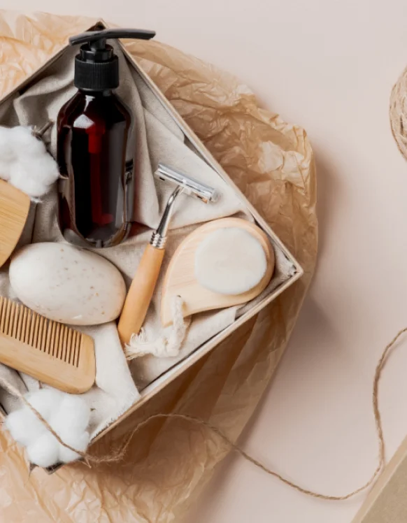 close-up of soap and body wash in box