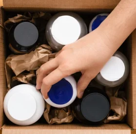 close-up of putting supplement orders in box