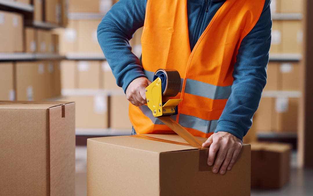 Warehouse employee taping a delivery box